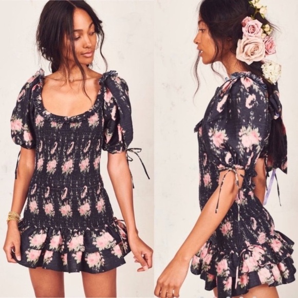 $495 Loveshackfancy Violet Dress Silk Ruffle Mini Smocked Dolce L Large Floral - Picture 7 of 15